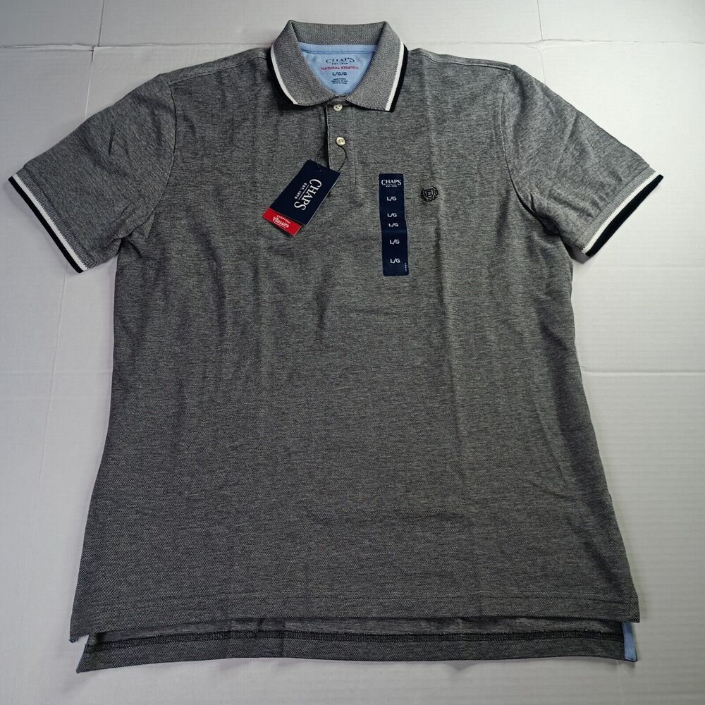 Chaps Birdseye Solid Pique Polo Shirt Men's L Large Gray Black Natural Stretch